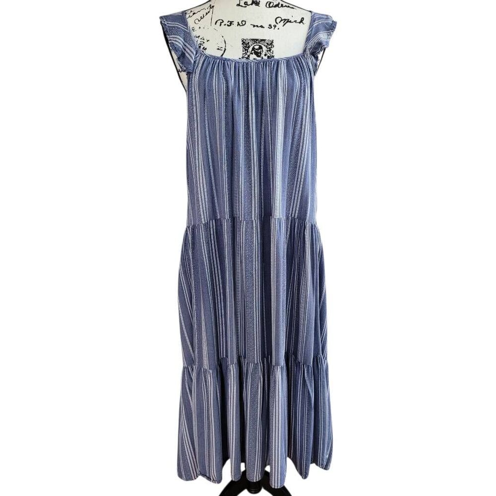 Como Vintage XXL chambray striped tank midi dress‎ tiered ruffled country prarie